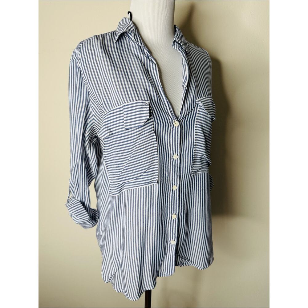 Zara Blue and White Striped Hi Low Button Down Shirt - Picture 3 of 7